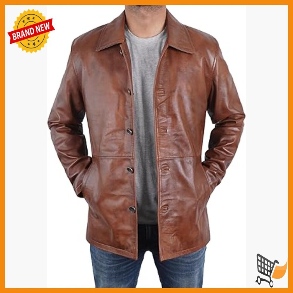 Men's Lambskin Leather Car Coat 3/4 Length Winter Jacket Button Up